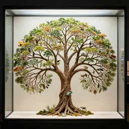 The evolutionary tree of life, inside in a glass box, showing every species know to man, uncropped, 8k, highly detailed, commission, concept art, contest winning masterpiece.