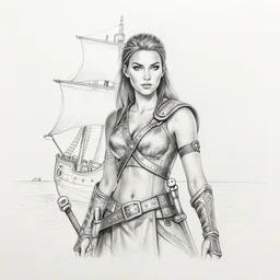 A beautiful female warrior on a pirate ship at a deserted island, blended outline, realism pencil drawing on white paper, bald lines