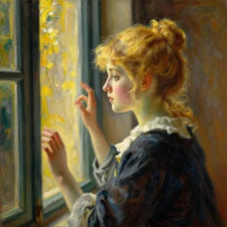 a blonde girl looking through the window, impressionism, oil on canvas, golden hour, rich colors, intimate, natural light, detailed, by gustave caillebotte