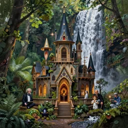 a hyper realistic architectural witch shrine under a waterfall in the woods, gorgeous lighting, lush forest foliage, painting by chiara bautista and tom bagshaw, muca beksinski and norman rockwell and greg rutkowski weta studio, and lucasfilm
