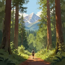 i walk in the red wood forest, mountains in de background, volumetric lighting, summer, late morning, clear weather, few clouds, realistic illustration, perfectly shaded, soft painting, art by krenz cushart and wenjun lin
