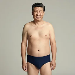 Photo of Xi Jinping in swimsuit, soft studio lighting, photo taken by Martin Schoeller for Abercrombie and Fitch, award-winning photo, 24mm f/1.4