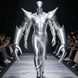 photo, a giant monstrous huge creature wearing a shiny silver latex body suit, walking a runway