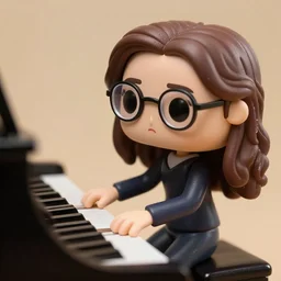 pop figure of mom with long, brown, slightly curly hair and glasses playing the piano