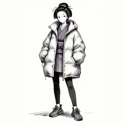 a black and white sketch with slight purple tones of the traditional clothing of a japanese miko in the harajuku style. puffy anorak with leggings and yeezy 5 0 0 sneakers