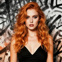 highly detailed closeup portrait of beautiful grace gummer as dom dipierro, wavy ginger hair, black dress, by atey ghailan, by greg rutkowski, by greg tocchini, by james gilleard, by joe fenton, by kaethe butcher, gradient orange, black and white color scheme, grunge aesthetic!!! ( ( graffiti tag wall background ) )