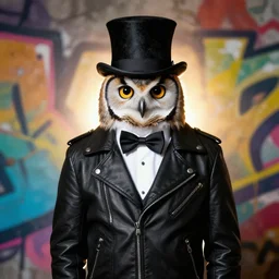 one charming looking owl wearing black biker jacket, portrait photo, backlit, wall with colorful graffiti, studio photo, suit, bow tie, tophat, tophat