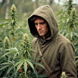 hooded figure in cannabis forest, ww1 photo, grainy, high detail, high resolution,