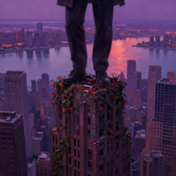 shadowed human figure atop a skyscraper looking down through his feet to see a metropolis covered in water except for the tops of the skyscrapers, the buildings are ruins and covered in vines, purple and red hues reflect off the water from the sunset, many skyscrapers, gritty oil paint