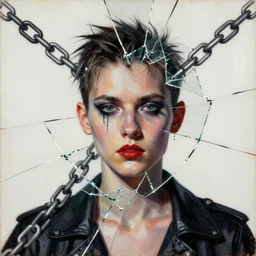 chained in the chains of passions, digital collage, decoupage, assemblage, photomontage, canvas texture, hight contrast, minimalist, contemporary art, punk art, photorealistic, portrait, expressionism, masterpiece, dynamic composition, spectacular quality, intricate oil details, broken glass