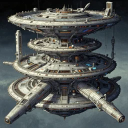 complex alien technology in the form of a large space station, with different sections and levels, each with its own purpose by richard dadd and russ mills, style of atompunk