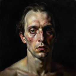 oil painting with black background by christian rex van dali todd schorr of a chiaroscuro portrait of an extremely bizarre disturbing mutated man with acne intense chiaroscuro obscuring features lighting perfect composition masterpiece