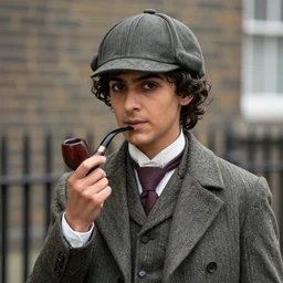 A young Indian woman as Sherlock Holmes, wearing a tweed jacket and a deerstalker hat, with a pipe, in Victorian London