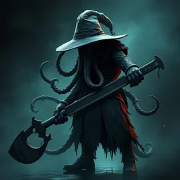 lovecraftian character cthulhu, with the hunter hat, and the saw cleaver, with bloodborne weapons, full body, in the style bloodborne style, full body, dark fantasy, trending on artstation
