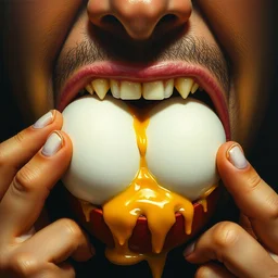 smash mouth eating 2 4 eggs, hyper realism, high detail, depth of field, professional photo, photorealistic, oil painting, art by salvador dali