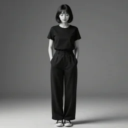 portrait of a girl in long pants and a top, hands in pockets, eyes closed, bob haircut, digital art, black and white, minimalistic illustration by junji ito and kaoru mori