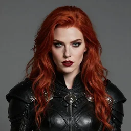 Beautiful Rogue lady, red hair, Black leather armor, high fantasy, Katherine mcnamara inspired, very detailed face, high fantasy, matte painting, by Leng Jun, trending on Artstation, trending on Deviantart, artstationHQ, cgscoiety, artstationHD, full color, ultra HD, 8k