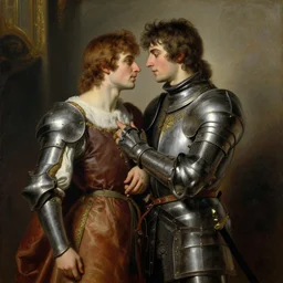 attractive fully clothed arthur pendragon confesses his love for his attractive fully clothed male knight. highly detailed painting by gaston bussiere and j. c. leyendecker 8 k