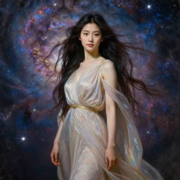 young asian woman, goddess of starlight, long flowing hair, modest flowing gown, smug expression, highly detailed painting by gaston bussiere, craig mullins, j. c. leyendecker 8 k, sparkling nebula