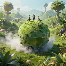 a spherical car driving through a beautiful wonderland, smoke - filled ， green hill, many interstellar plants, little dinosaur and man dance together, futuristic concept design, airscape, high detail render by octane, unreal engine, 8 k, cinematic