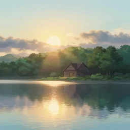 a serene landscape with a singular building near a lake at sunrise, reflexion of the sun on the water, ghibli studio, anime style, pixar and disney style, high quality, highly detailed, 8 k, soft lighting, soft colors, path traced, bloom, godrays, complementary colors, natural lighting, beautiful, elegant, breathtaking landscape