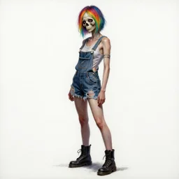 full body pose, mixed media painting of a grungy skull woman with short rainbow hair, soft eyes and narrow chin, dainty figure, torn overalls, short shorts, combat boots, basic white background, side boob, wet tshirt, wet, raining portrait, extremely hyper - detailed, intricate, epic composition, very detailed, masterpiece, stunning,