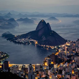 pao de acucar in rio de janeiro brazil, trending on artstation, aerial photo, digital art, distant mountain, retrowave style, fog, city at night, low dof