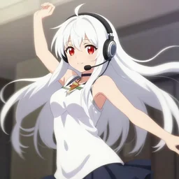 anime film still of a long white haired red eyed cute girl wearing a headset, dynamic pose, pixiv, kuvshinov ilya, kyoani, shirabii