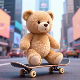 a teddy bear on a skateboard in times square