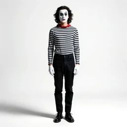 stern mime in striped shirt, high detail digital art, full body, standing, isolated on a pure white background, centered, whole figure in frame, sharp focus, studio lighting