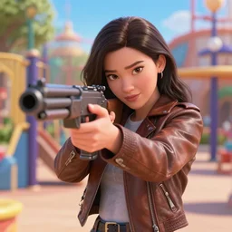 stunning!!! disney - like!!!!! young adult woman in a leather jacket in a kids playground pointing an automatic rifle at the lens, disney pixar movie still, high detail, ray tracing, trending on artstation, 4 k, ultra hd, blu ray