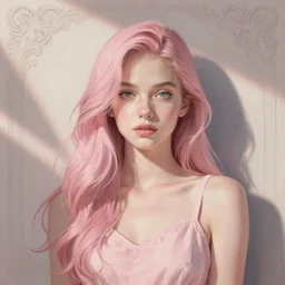 young female in summer dress art, pastel light pink long hair, muted colors, matte print, pastel colors, ornate, digital art, digital painting, fan art, elegant, artstation, head is centered, by Ilya Kuvshinov