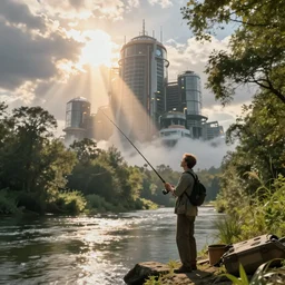 a man fishing into a river with trees and a sci - fi containment building in the background, a sense of hope and optimism, monumental, harsh sunlight