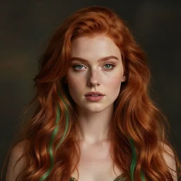Beautiful young woman, Fae, Fantasy, portrait, long red hair, green highlights