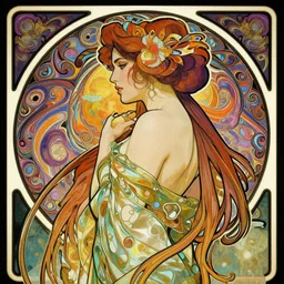 side profile centered portrait, imogen poots seductive goddess, by artgerm, cushart krenz, greg rutkowski, mucha. art nouveau. gloomhaven, swirly vibrant ripples, gaudy colors, sharp edges. ultra clear detailed. 8 k. elegant, intricate, octane render