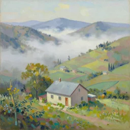 an oil on canvas painting of a house in a valley with fog rolling down the hills, vibrant pastel colours