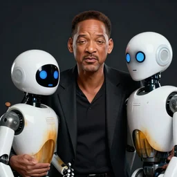 portrait of sad will smith speaking with android robot. centered, dramatic posing. cinematic. dark background, hyper detailed, 4 k, high quality, smooth, sharp focus, hyper reealistic, colored