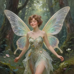 pretty, happy forest fairy by artgerm in a scenic woods, sweet with graceful wings muted colors, sharp focus, high fantasy art, by scot howden. fairy aesthetics, intricate, elegant, highly detailed, hyperrealistic painting, artstation, concept art, painterly, dreamy, soft illumination, hasselbrad photography, illustration, art by scot howden