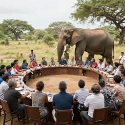 a large meeting and an elephant