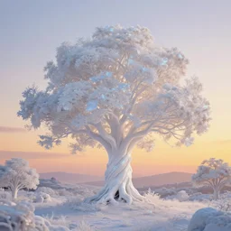 an enchanted white shimmering iridescent tree in the middle of a stunning fantasy landscape during sunset, golden hour, soft illumination, by daniel conway, daniel jean - baptiste and andreas rocha, highly detailed, sharp focus, fantasy concept art, trending on artstation, matte painting, beautiful