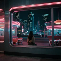 vertical movie frame, girl in 5 0's retro restaurant, neon - decorated urban on night in the city seen through the window, modern architecture design, vintage, night, blade runner, dark, postapocalyptic, clean lines, asian futuristic city at distance, big windows, octane, wide angle