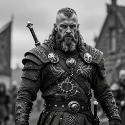 a cinematic view of wide bw photo from a very ornated old man viking berseker, half shaved haircut, showing nordic tattoos in the chest, scars in the face, long beard, using leather armour with bones, photorealistic, volummetric light, detailed, texturized, leica lens high quality