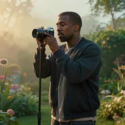 Kanye West performing a song in the middle of a garden, vintage camera, dreamy, atmospheric, golden hour, cinematic lighting, 8K concept art