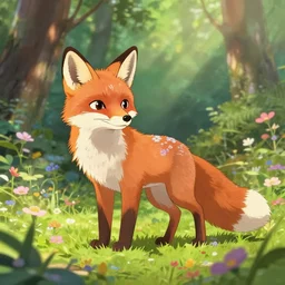 an adorable fox in the forest covered in flowers, flowers everywhere, sunlight beaming down, studio ghibli style, soft fur, two pointed ears, long tail, high octane filter, beautiful lighting, wildlife, award-winning digital artwork