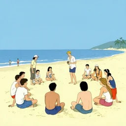 group of college people playing in the beach, by milo manara, enki bilal, paolo serpieri,