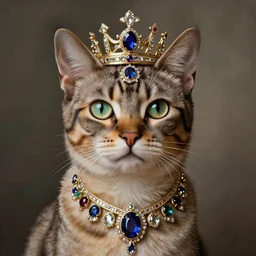 a beautiful portrait of a humanoid cat wearing jewels and crown by Edgar Maxence and Carlos Schwabe
