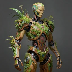 a hyper - detailed fine painting of a synthetic humanoid cyborg hybrid half cybernetic and half made of plants and wood, concept art magical highlight, full color tribal and technologic art. artwork by subjekt zero. polished render by machine. delusions with discodiffusion.