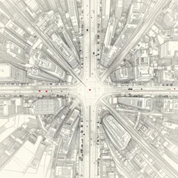 drone perspective, aerial view, top down, grid city streets and road, in the style of dr. woo, mostly monochromatic, thin line, hong kong, schematic, blueprint, drawing, black : 3 0 %, red : 2 0 %, grey : 5 0 %, background neutral