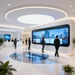 futuristic sales center for real estate with touchscreens and people using it