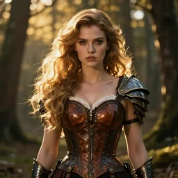 portrait, snow white as an armored warrior, beautiful, leather corset, proud serious expression, by ferdinand knab, dan mumford, gustave courbet, dramatic light, high detail, cinematic lighting, artstation, dungeons and dragons, in the forest, golden hour